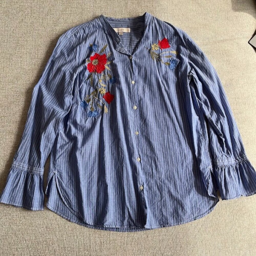 Women's Blue & White Striped Button Down with Floral Embroidery